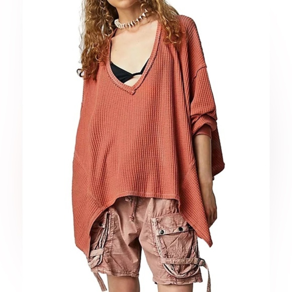 We The Free Oversized Waffle V-Neck Sweater in Dusty Terracotta
